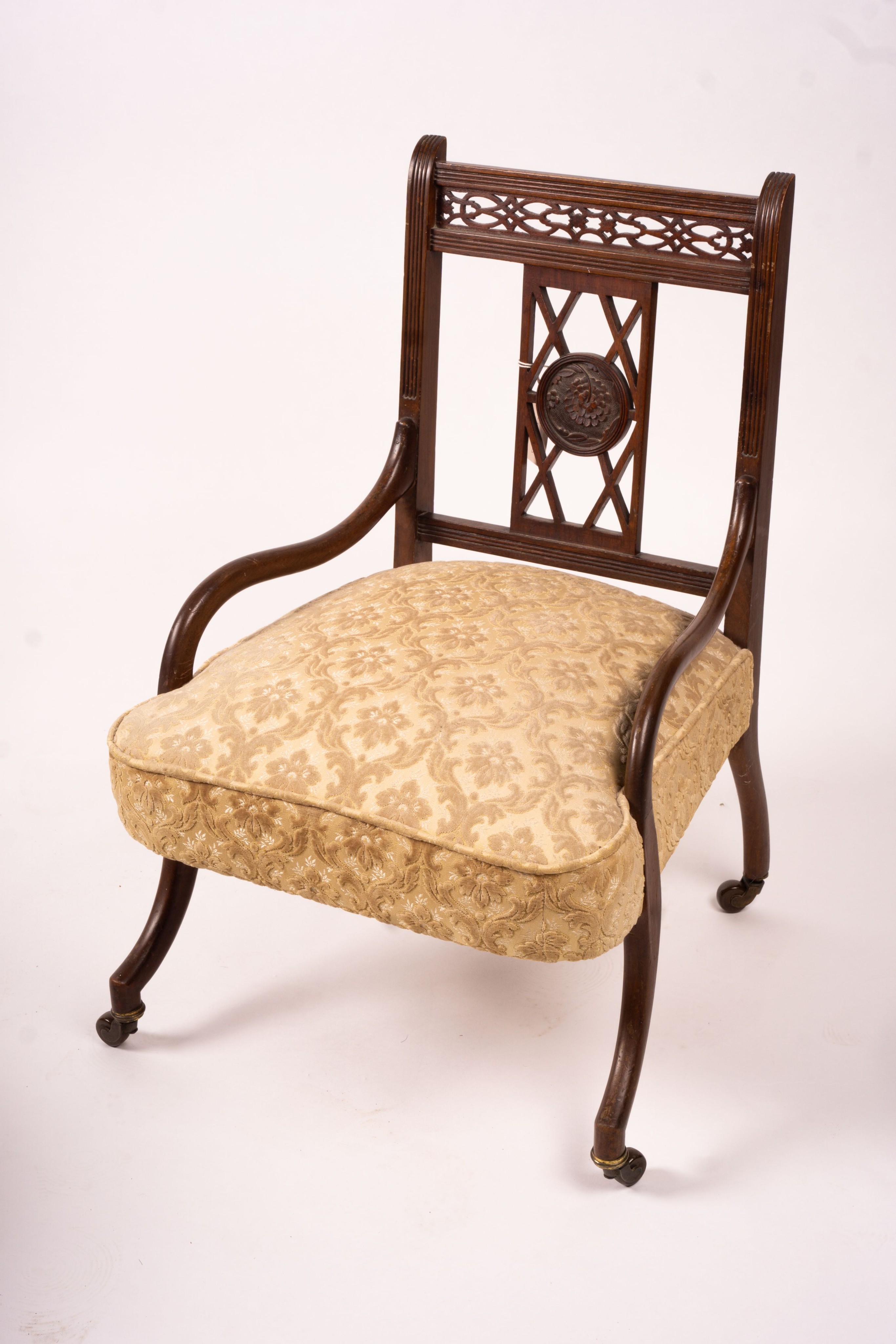 A Victorian salon chair, a Victorian side chair, square oak occasional table and a circular table